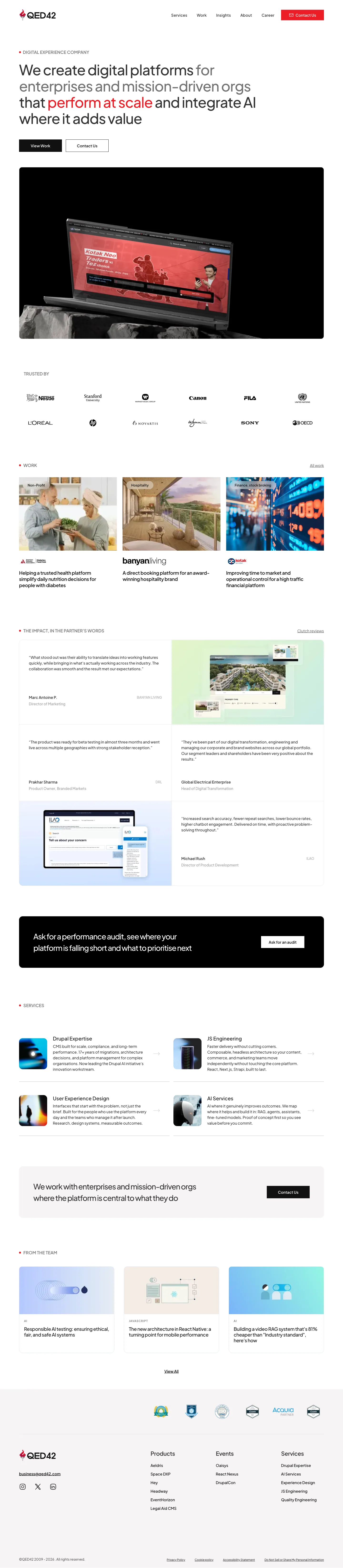 Full homepage of qed42.com replatformed to Drupal 11 at 1440 pixels wide, after the migration