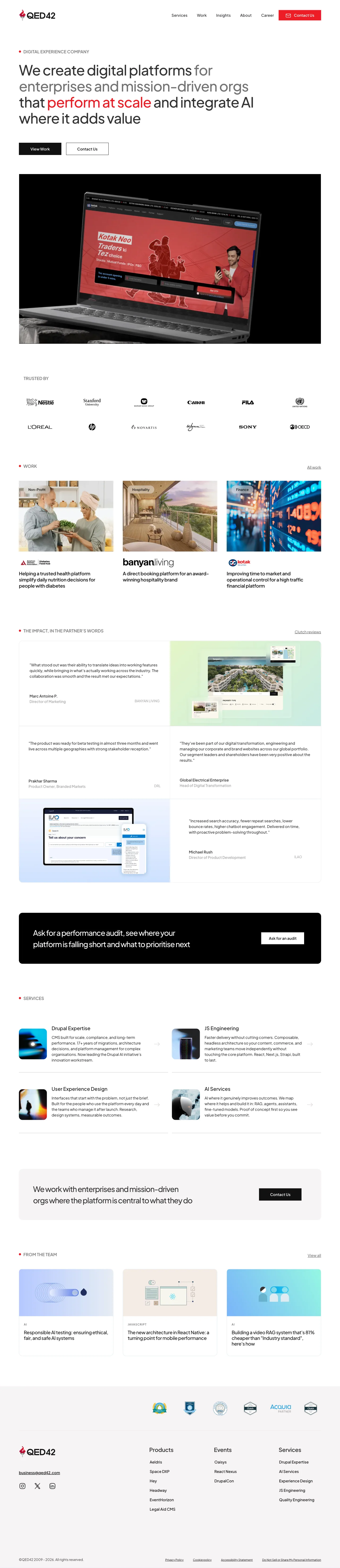 Full homepage of qed42.com on Webflow at 1440 pixels wide, before the move
