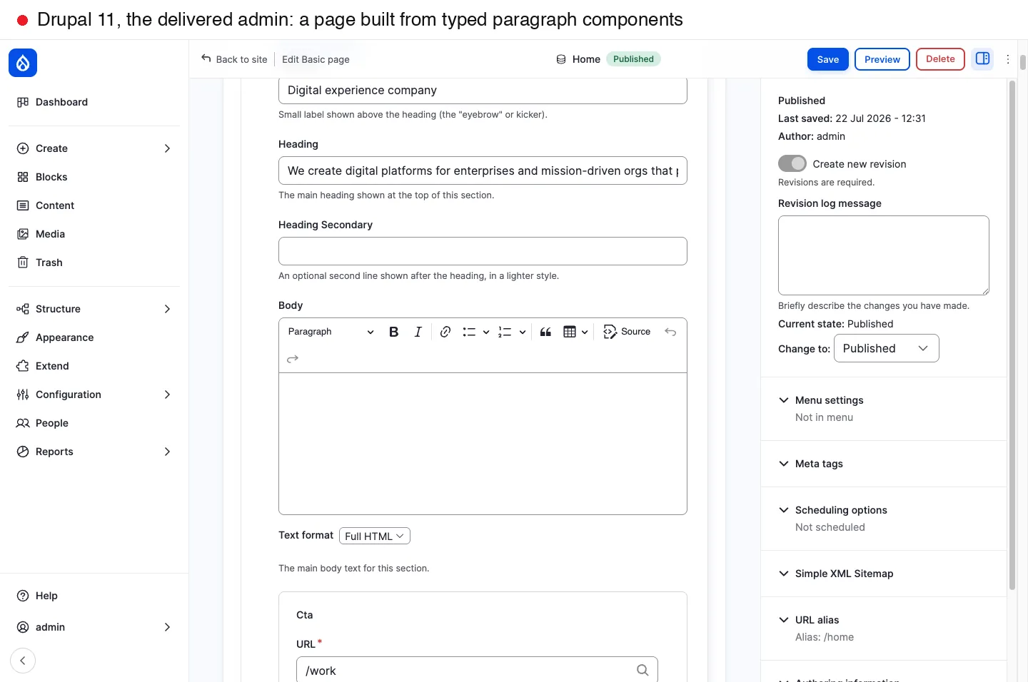 A Drupal node edit form showing a page composed of paragraph components with typed fields