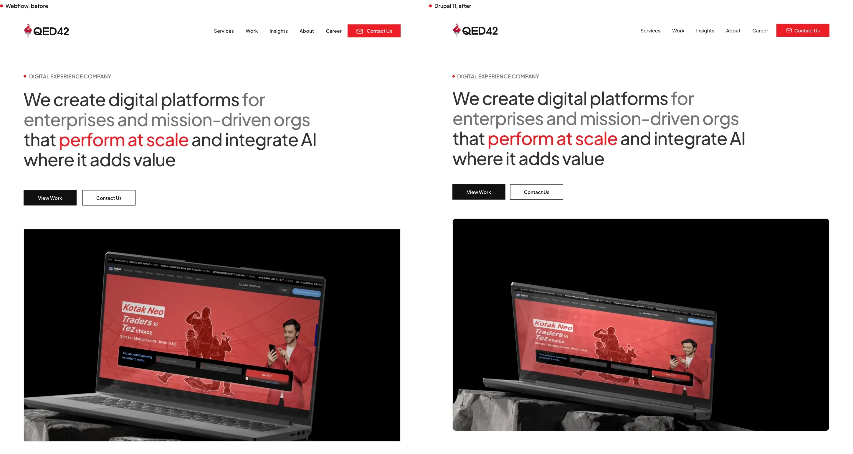qed42.com homepage on Webflow beside the same page on Drupal at desktop width