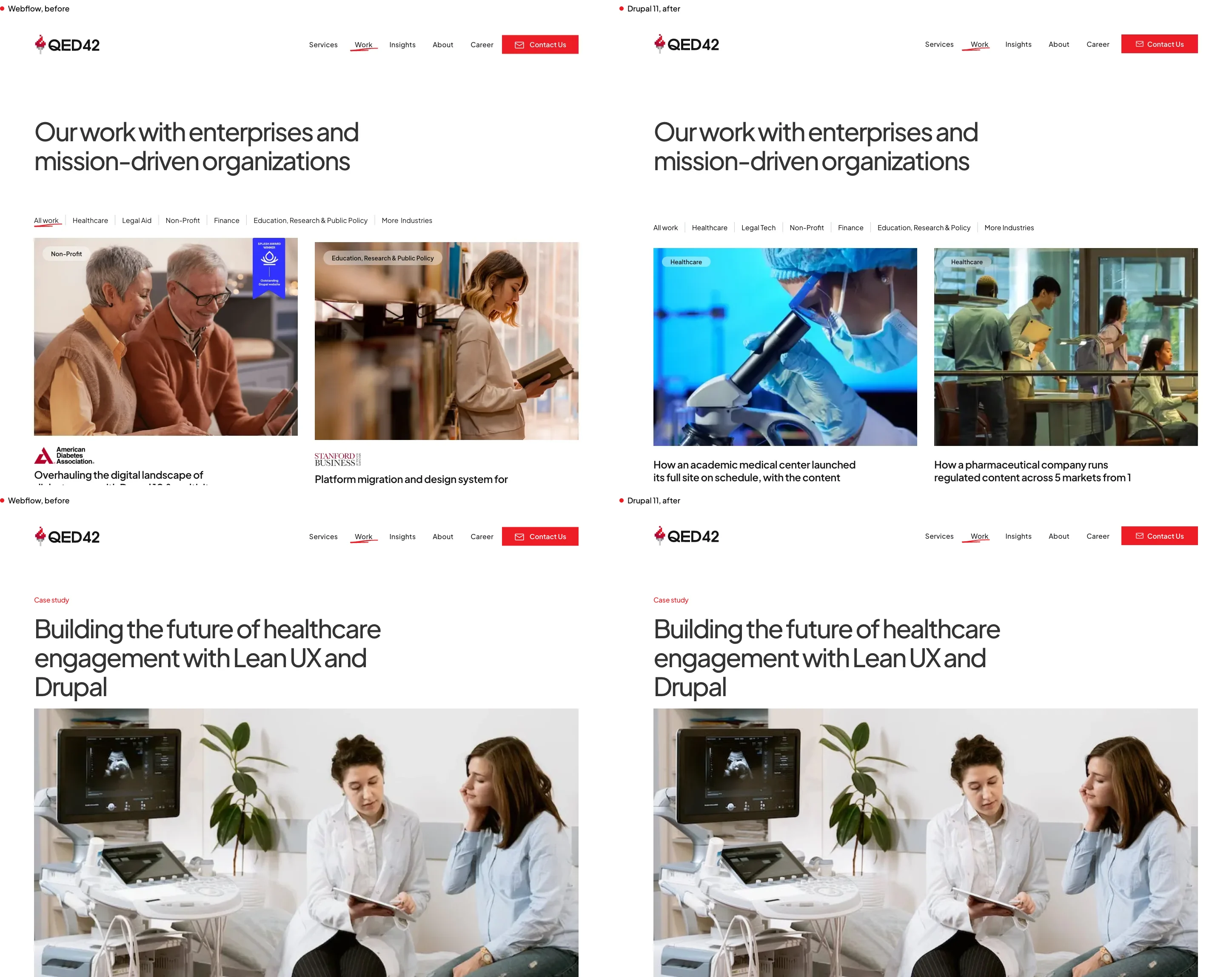 The work listing and a case study detail page, source beside Drupal